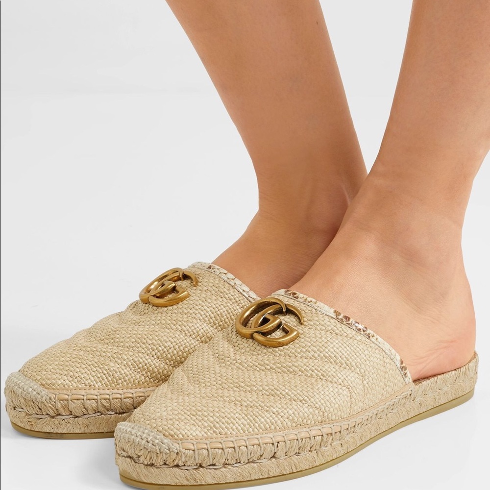 Gucci Pilar Elaphe-Trimmed Raffia Espadrille Mules